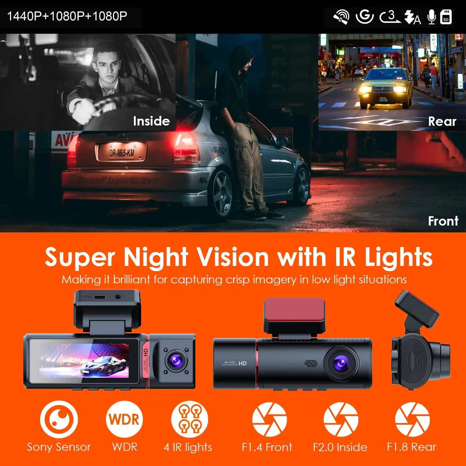 Caméra embarquée 3 voies 4K UHD avec GPS intégré – Vision Nocturne & Surveillance 24h/24