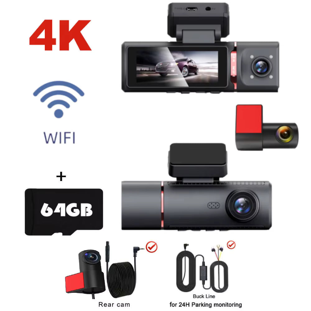 Caméra embarquée 3 voies 4K UHD avec GPS intégré – Vision Nocturne &amp; Surveillance 24h/24